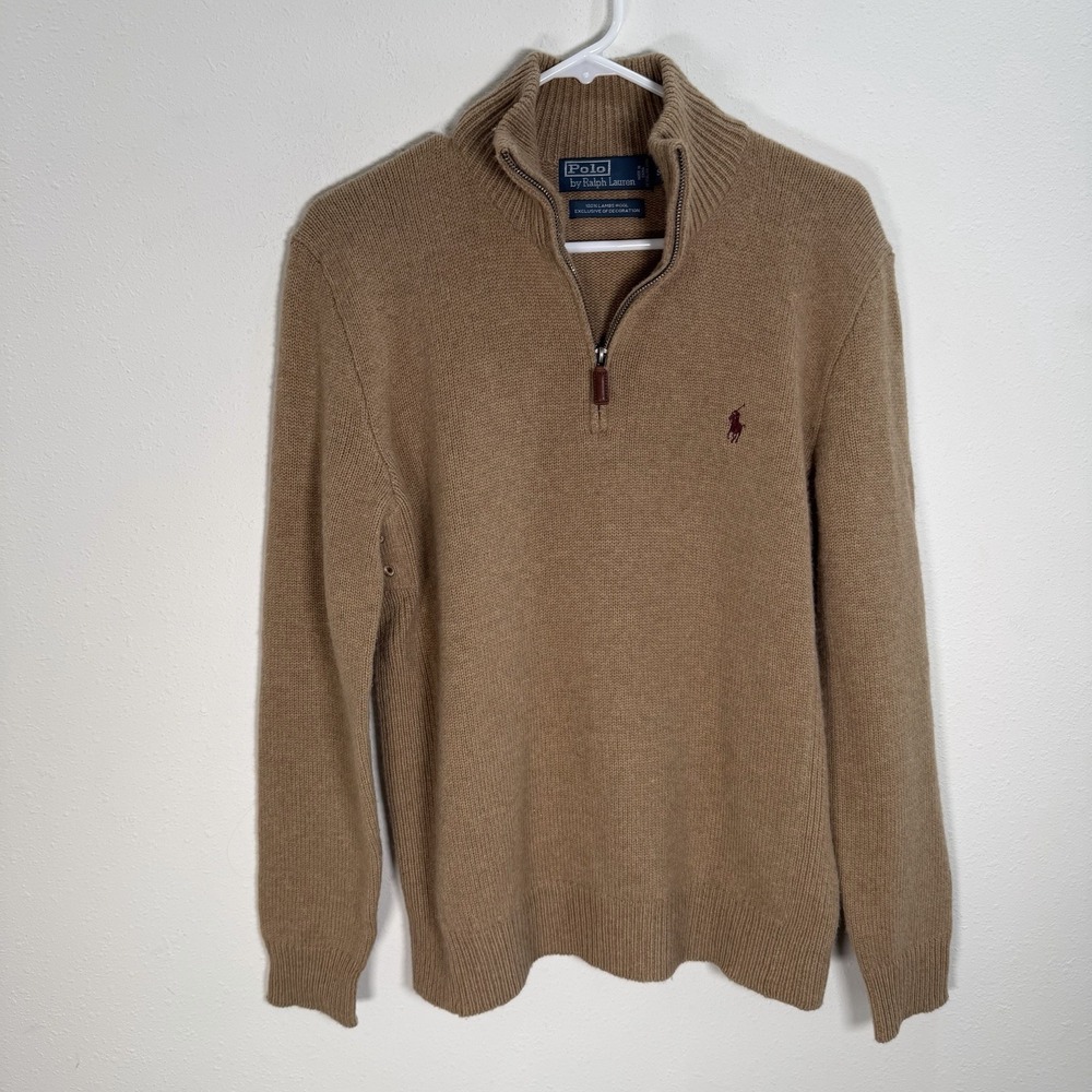 Polo Ralph Lauren Sweater Mens Sz S Camel Brown 100% Lambswool 1/4 Zip Mock Neck